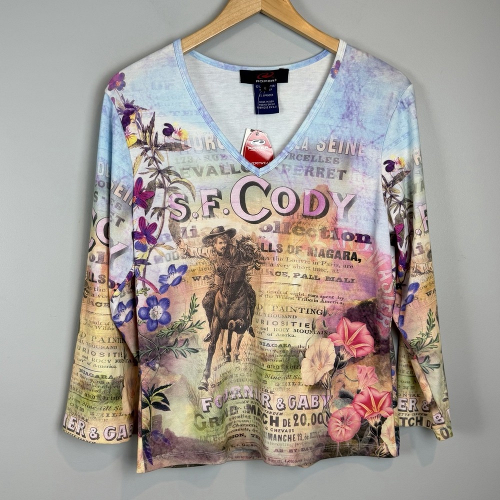 Roper Western Shirt Womens Size Large S.F. Cody V Neck 3/4 Sleeves Casual NWT